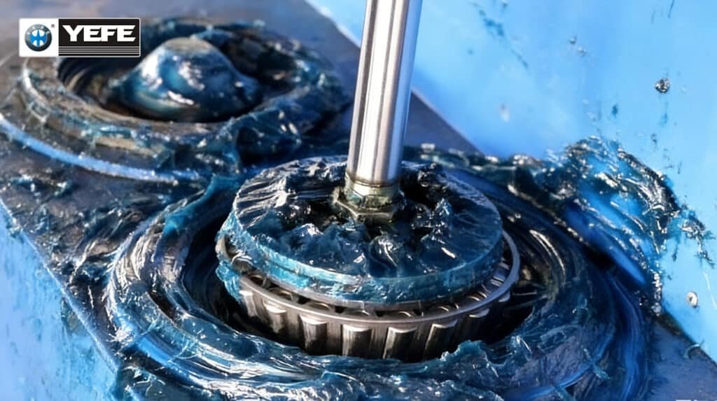 Close-up of blue waterproof grease coating a marine gear bearing assembly, demonstrating superior adhesion and water resistance to prevent rust, washout and premature failure in boat trailers, winches and saltwater-exposed equipment — ideal for calcium sulfonate-based formulations meeting ASTM D1264 standards.