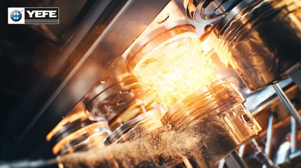 Glowing hot pistons under intense heat with molten golden YEFE Group V ester base oil demonstrating exceptional thermal oxidation stability lubricity and high temperature film strength ideal for extreme conditions in high performance racing or heavy duty engines