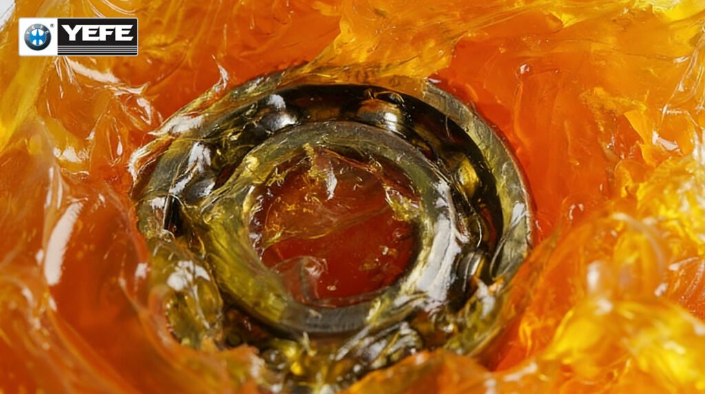Angular contact bearing fully filled with golden YEFE grease around balls and raceway, showing controlled oil bleed essential for maintaining hydrodynamic film at high speeds, heavy loads and elevated temperatures without excessive churning or starvation.