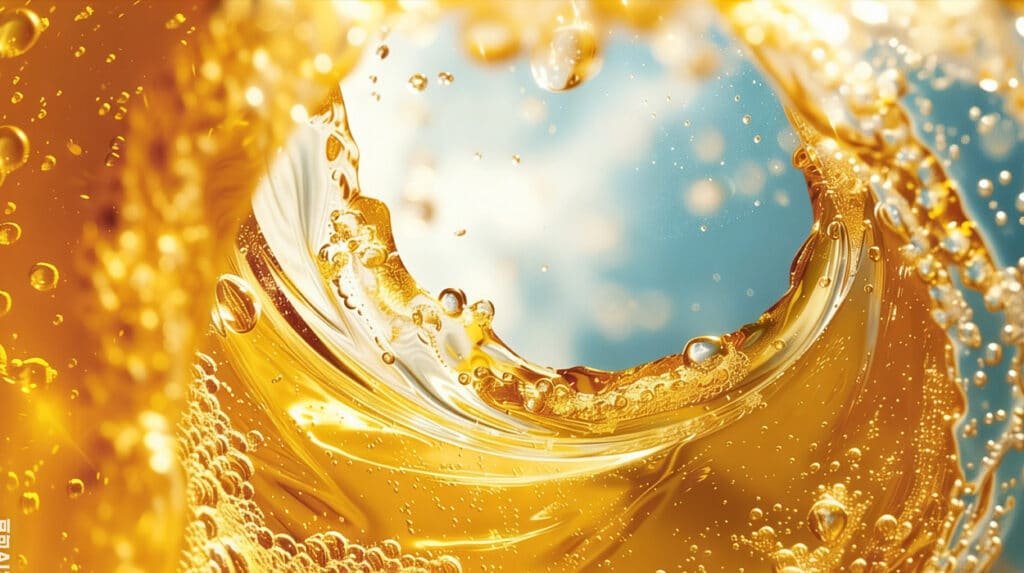 Freshly blended engine oil with bubbles and sky background illustrating high quality base stocks additives mixing in private label engine oil manufacturing ensuring consistent formula performance for distributor brands