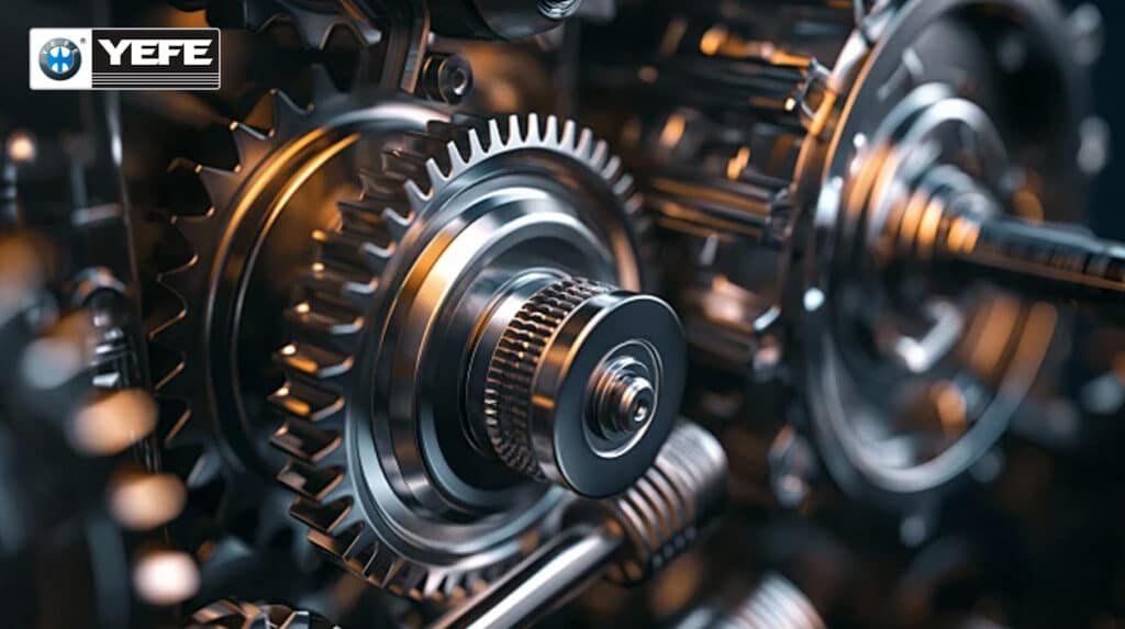 Precision-engineered industrial gears in mesh under high load, protected by YEFE advanced gear oil formulation featuring EP additives, sulfur-phosphorus chemistry and superior wear resistance for optimal load-carrying performance.