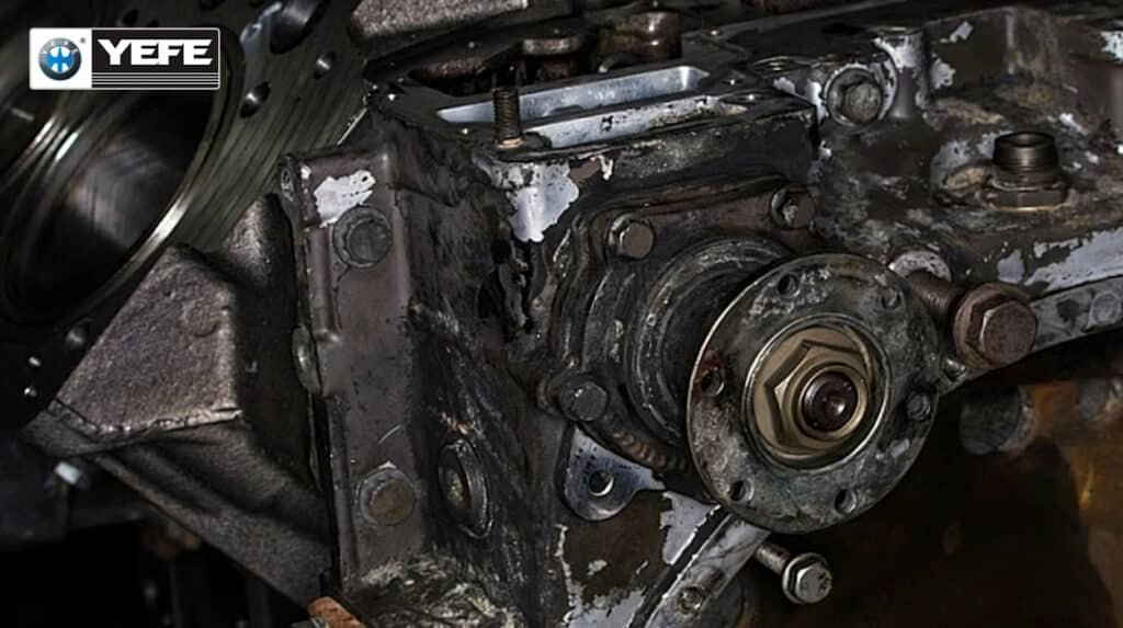 Close-up of a corroded, dirty industrial housing and shaft assembly with worn fasteners and residue buildup, showing how incorrect grease selection, contamination, or poor relubrication practices can lead to leakage, corrosion, and premature mechanical damage that demands costly teardown and repair.