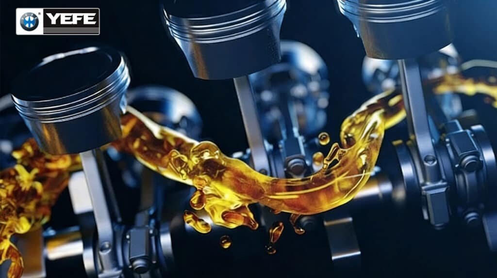 3D rendering of golden YEFE engine oil splashing across metallic pistons and connecting rods, illustrating low-friction synthetic formulation that minimizes energy loss, improves combustion efficiency and reduces CO₂ particulate emissions, professional lubricant supplier expertise on eco-friendly oil technology for Euro 6 EPA compliance