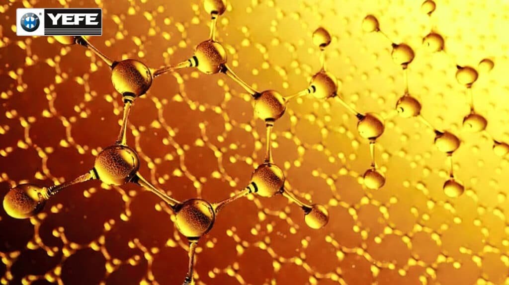 Golden molecular network graphic representing base oil and detergent dispersant additives, showing how modern engine oil chemistry suspends soot, metal particles and combustion byproducts that gradually change clear amber oil to dark brown or black, YEFE technical guide to interpreting oil color without assuming the lubricant has failed