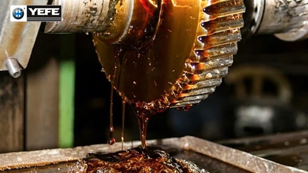 Golden used engine oil thickly coating industrial gears showing viscosity change after improper storage, illustrating how heat‑accelerated oxidation and moisture absorption degrade base oil polymers and VI modifiers, reducing gear protection film strength, YEFE best practices for maintaining 4‑7 year shelf life through cool dry storage