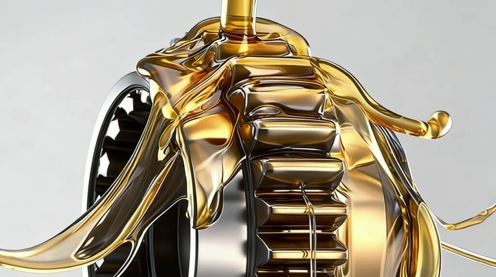 3D render of precision engine gears coated in golden lubricant film demonstrating how quality engine oil maintains viscosity stability and film strength under varying temperature conditions for optimal protection