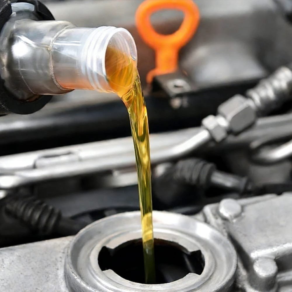 Mechanic pouring clean engine oil with detergents and dispersants into engine to maintain oil cleanliness, prevent sludge and protect critical metal surfaces