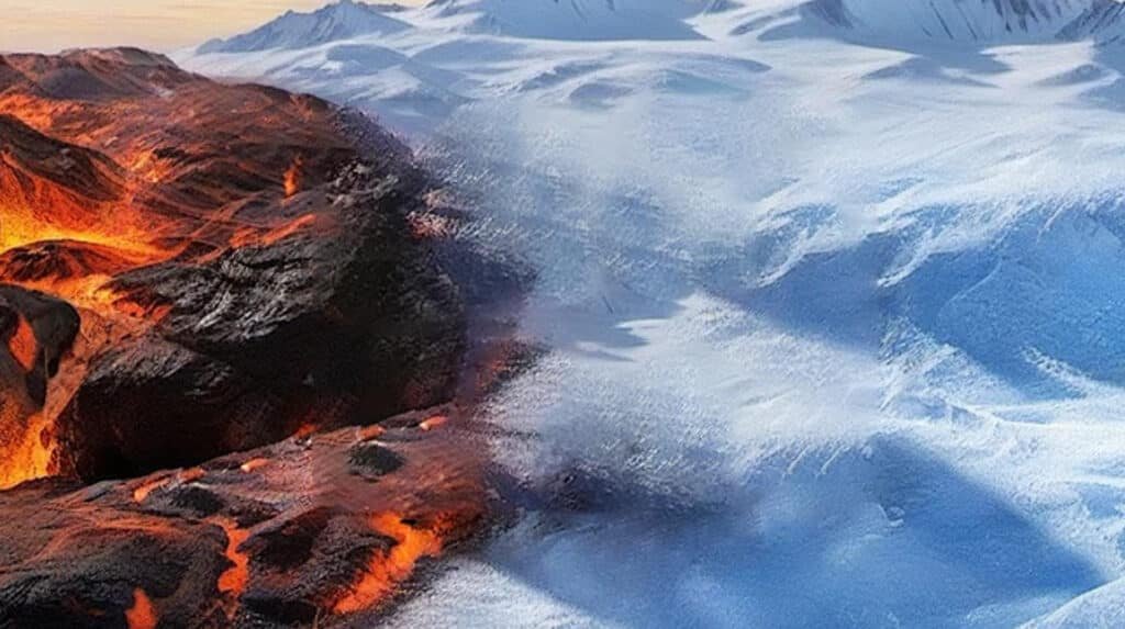 Dramatic split image of volcanic lava heat versus arctic ice cold illustrating how temperature extremes affect engine oil viscosity flow and film stability during cold starts and high operating temperatures