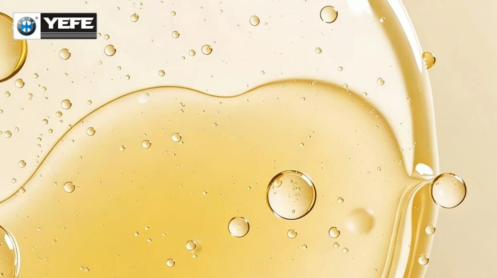 Close-up of clean golden YEFE brake fluid droplets, representing the ideal state before moisture absorption and oxidation degrade performance, highlighting signs like spongy pedal and recommended 2-year replacement intervals for safety.