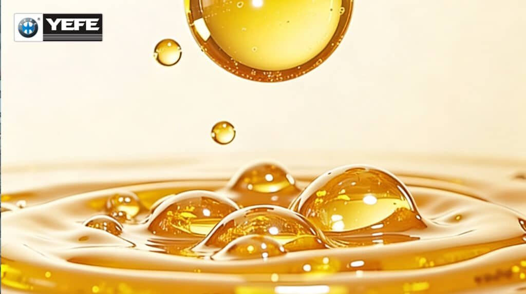 Clear golden droplets of fresh YEFE premium gear oil, symbolizing the importance of timely gear oil changes to prevent degradation, oxidation, additive depletion and maintain optimal protection for transmissions, differentials and gearboxes.