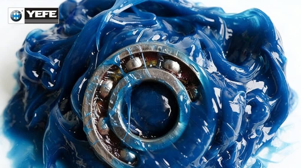 Close-up of a metal ball bearing completely packed in glossy blue YEFE grease, demonstrating how semi‑solid grease stays in place around rolling elements to release oil under load, seal out contaminants and prevent metal‑to‑metal contact where liquid oil would quickly drain away.