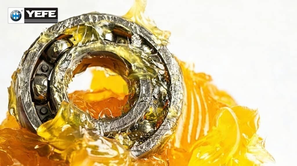 Close-up of a metal rolling bearing packed with golden YEFE grease, showing how the thickener matrix holds base oil around rolling elements to prevent metal-to-metal contact, resist vibration, and deliver long-term lubrication in hard-to-reach machinery points.