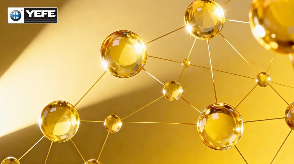 Visual representation of golden YEFE base oil molecules interconnected by thickener fibers forming the 3D network structure that defines grease consistency (NLGI grade), controls oil release under shear and determines pumpability, retention and penetration characteristics from fluid NLGI 000 to hard NLGI 6.