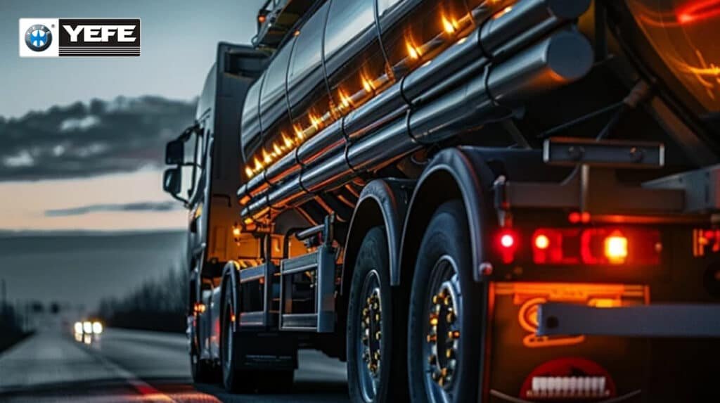 Rear view of tanker truck with glowing brake lights on highway at dusk, emphasizing chassis points, wheel bearings and universal joints that demand lithium grease's shear stability and pumpability for automotive applications under moderate temperatures, loads and occasional moisture exposure.