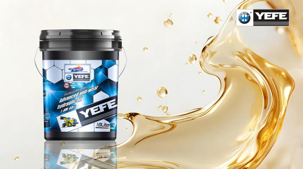 YEFE L-HM 68 advanced anti-wear hydraulic oil 18 Liter bucket with golden hydraulic fluid flow, demonstrating why choosing a reliable hydraulic oil supplier matters - YEFE provides ISO 9001 certified manufacturing, API standards compliance, batch traceability, consistent quality control, and technical expertise to ensure reliable hydraulic system performance, equipment protection, and minimized downtime for industrial and construction equipment operations