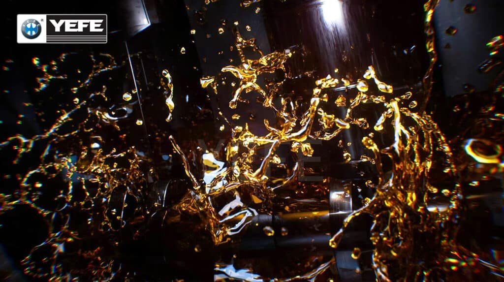 YEFE hydraulic oil manufacturer showcasing premium golden hydraulic fluid with dynamic splash pattern demonstrating superior viscosity, thermal stability, and flow characteristics, highlighting the quality control advantages of working directly with a hydraulic oil manufacturer who controls the entire production process including base oil selection, additive blending, and ISO certified testing compared to traders with limited quality oversight
