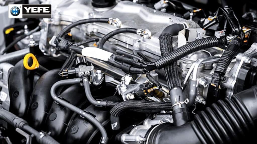 Close up of a modern car engine bay with intake manifold, fuel injectors and wiring harnesses, illustrating how tightly packaged gasoline and diesel engines rely on properly specified API SP or CK‑4 engine oils to manage heat, deposits and wear for long term reliability