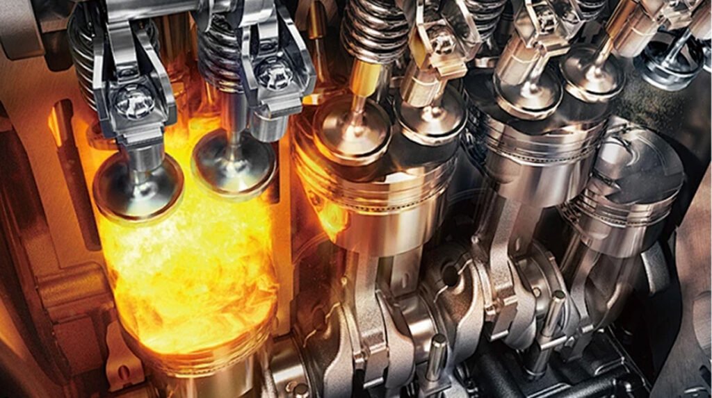 High temperature engine pistons and valves with glowing lubrication showing low SAPS engine oil protecting modern engines DPF GPF and catalysts from sulfated ash phosphorus sulfur deposits