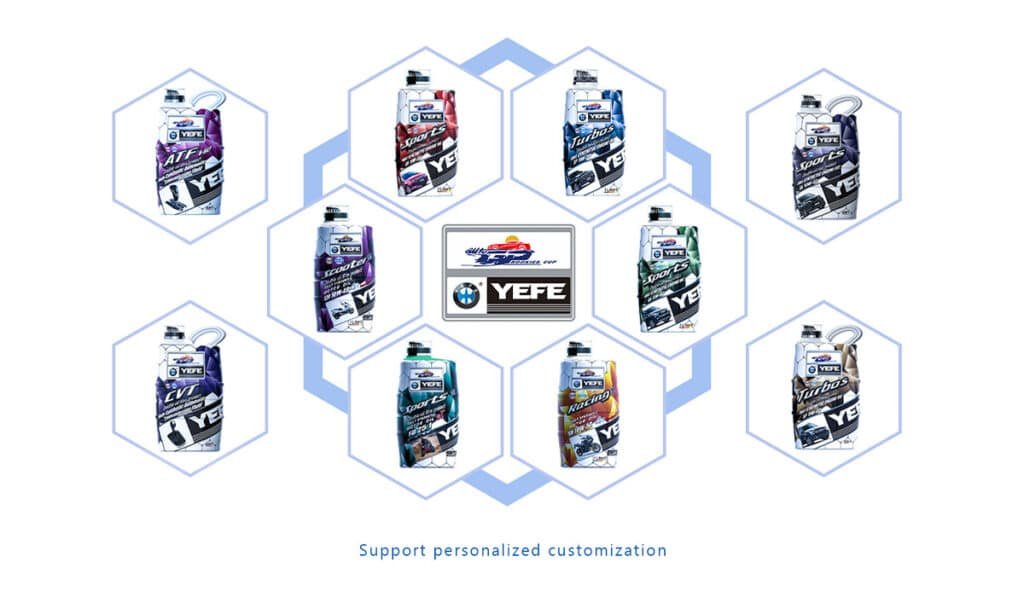 Circular arrangement of YEFE engine oil bottles in various colors and labels around central YEFE logo with "Support personalized customization" text, showcasing OEM/private label options for distributors to create branded engine oils, gear oils and fluids