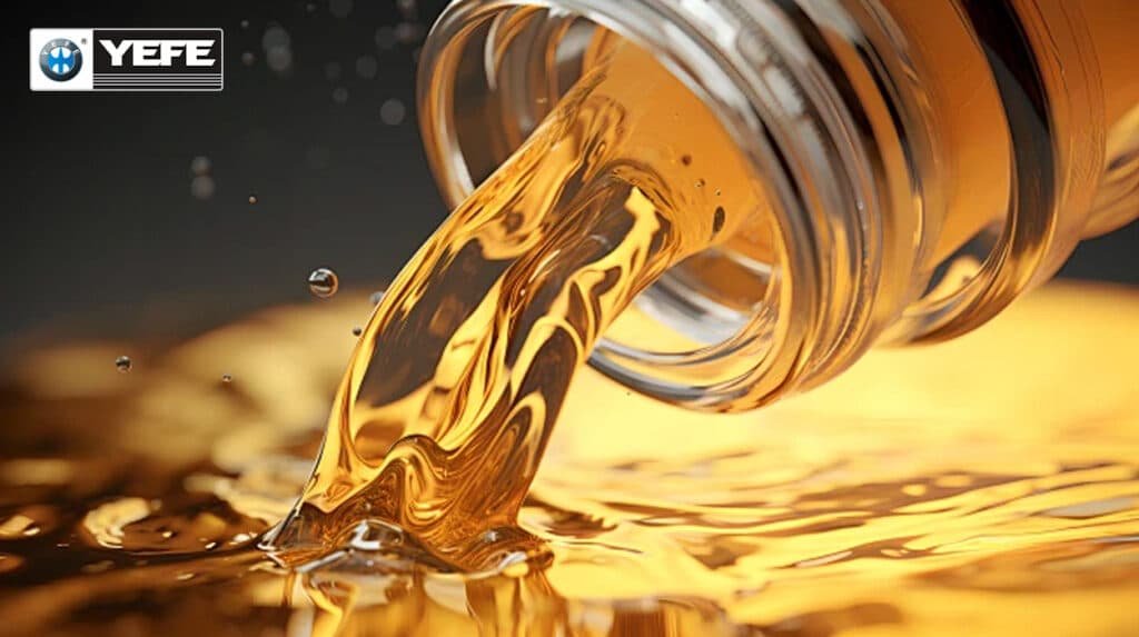 Fresh golden YEFE brake fluid being poured from a bottle, emphasizing the importance of using high dry and wet boiling point brake fluid to prevent vapor lock, brake fade and loss of braking power under heavy braking.