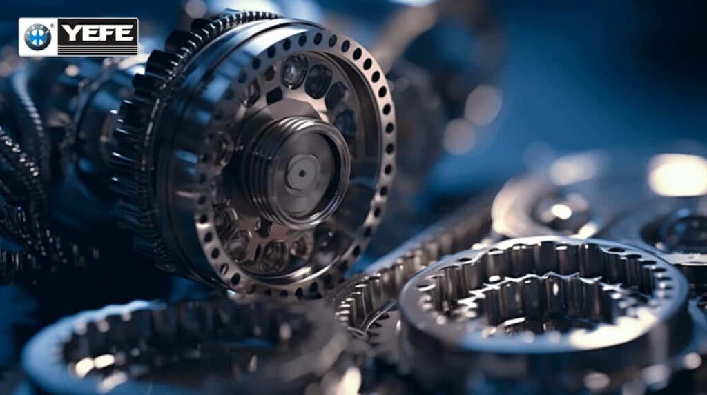 Close-up of shiny YEFE‑branded gears and bearing assemblies in cool blue light, emphasizing how correct re‑greasing intervals and the right grease type maintain a stable lubrication film, minimize wear, and extend service life of high‑speed rotating equipment.