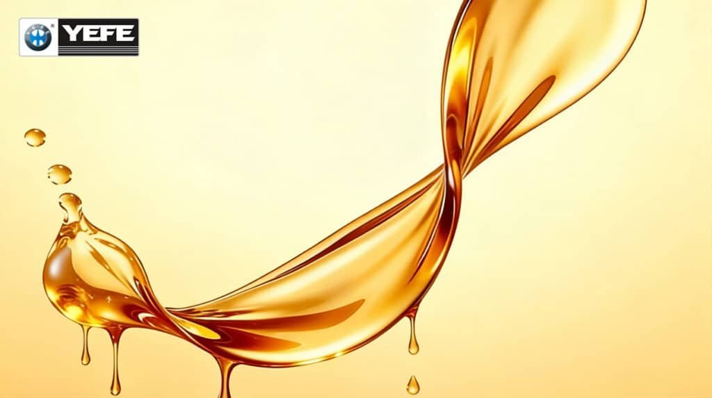 Artistic swirl of clean golden YEFE brake fluid, representing the solution to common brake fluid problems like moisture contamination, oxidation and low boiling point that cause spongy pedal feel, brake fade and reduced hydraulic performance.