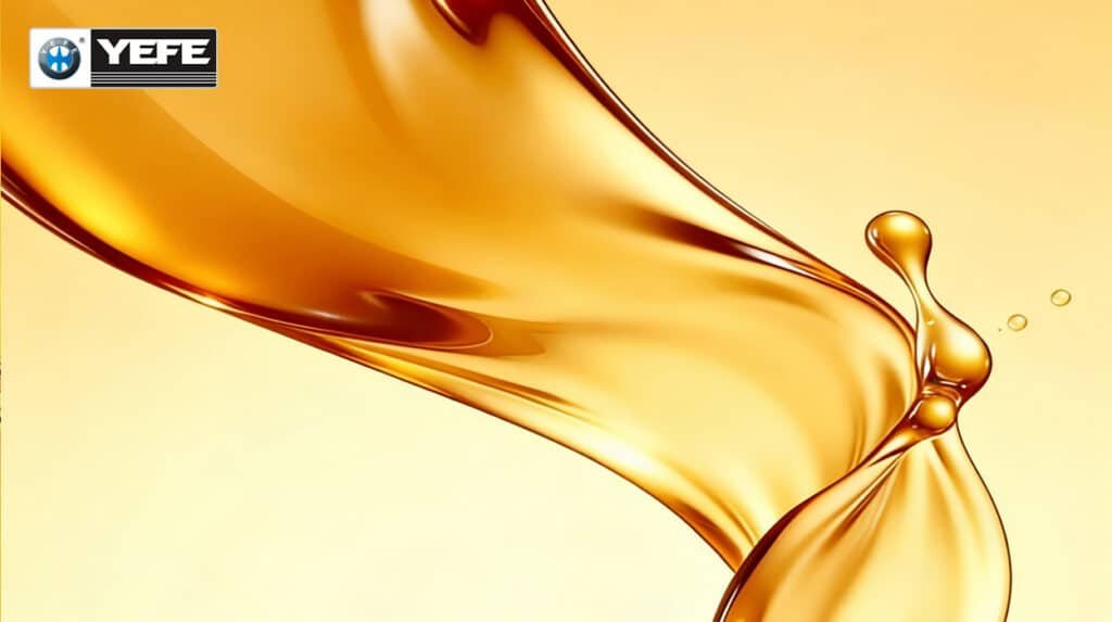 Elegant flowing stream of golden YEFE brake fluid, illustrating the importance of timely replacement every 2 years or sooner based on driving conditions to prevent moisture absorption, boiling point reduction and brake fade risks.