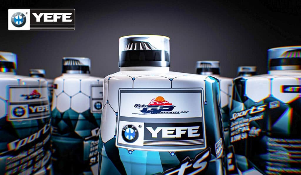 Close‑up of YEFE branded engine oil bottles with high quality caps and labels, illustrating how professional packaging, leak‑resistant bottles and compliant labelling help avoid common mistakes when outsourcing lubricant manufacturing