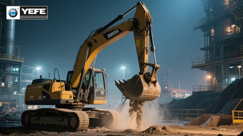 Yellow SANY SY215C excavator digging in dusty construction site at night with industrial lights, highlighting the need for specialized YEFE industrial grease in pins, bushings and bearings to handle shock loads, dust abrasion and moisture exposure during heavy construction operations.