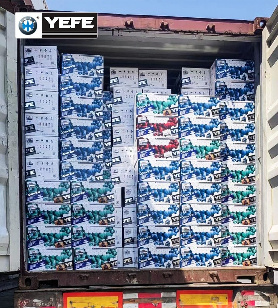 Container fully loaded with pallets of YEFE branded engine oil cartons, illustrating how OEM lubricant projects use realistic MOQs and 30–45 day lead times to ship full container loads efficiently to international distributors