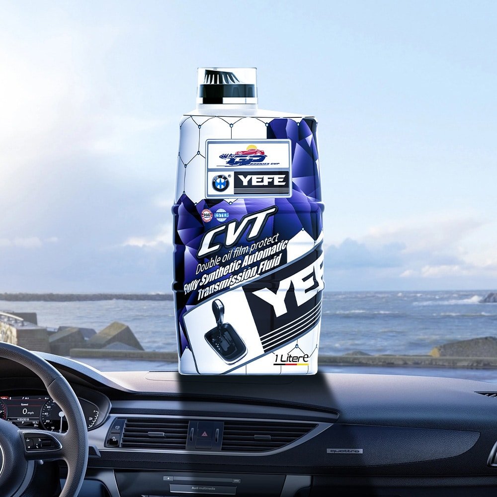YEFE CVT fully synthetic automatic transmission fluid 1 Liter bottle on car dashboard, demonstrating specialized transmission oil for continuously variable transmission systems with double oil film protection, providing hydraulic power transfer, friction control, shear stability, and thermal stability for CVT gearbox lubrication and optimal vehicle performance
