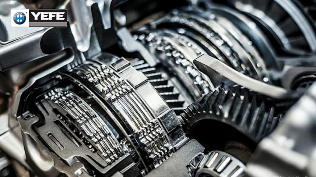 YEFE transmission oil application showing internal gearbox components including gears, clutch plates, and bearings requiring specialized transmission fluid for lubrication, heat dissipation, shear stability, and hydraulic power transfer in manual and automatic transmission systems