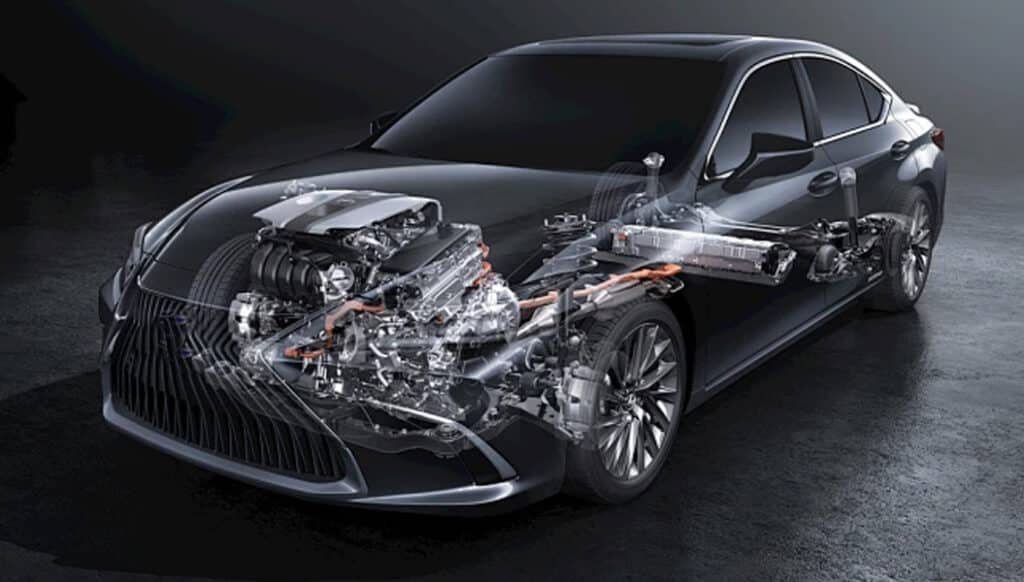 Transparent wireframe view of a modern hybrid car engine, showing how oxidation‑resistant lubricants maintain viscosity, prevent sludge and protect critical components like pistons and valves under high heat and extended drain intervals
