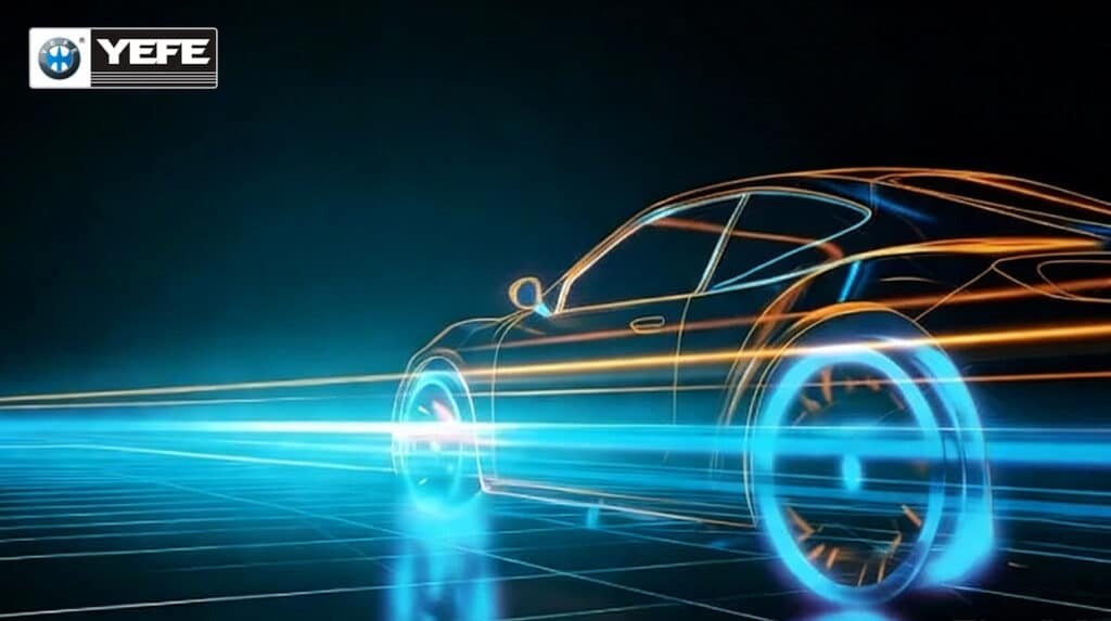 Futuristic glowing sports car speeding with neon brake caliper effects, emphasizing why high-quality YEFE brake fluid with stable boiling point, corrosion resistance and consistent hydraulic performance is critical for vehicle safety and braking reliability.