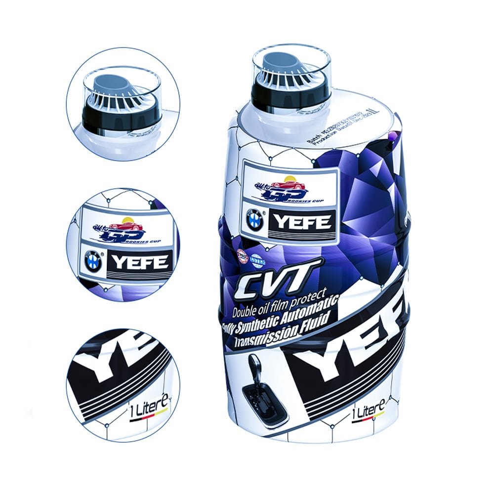Stylish 1 liter YEFE CVT fully synthetic automatic transmission fluid bottle with closeup insets of cap logo and label emphasizing controlled friction low viscosity and double oil film protection for CVT and automatic transmissions highlighting difference from high EP gear oil used in differentials