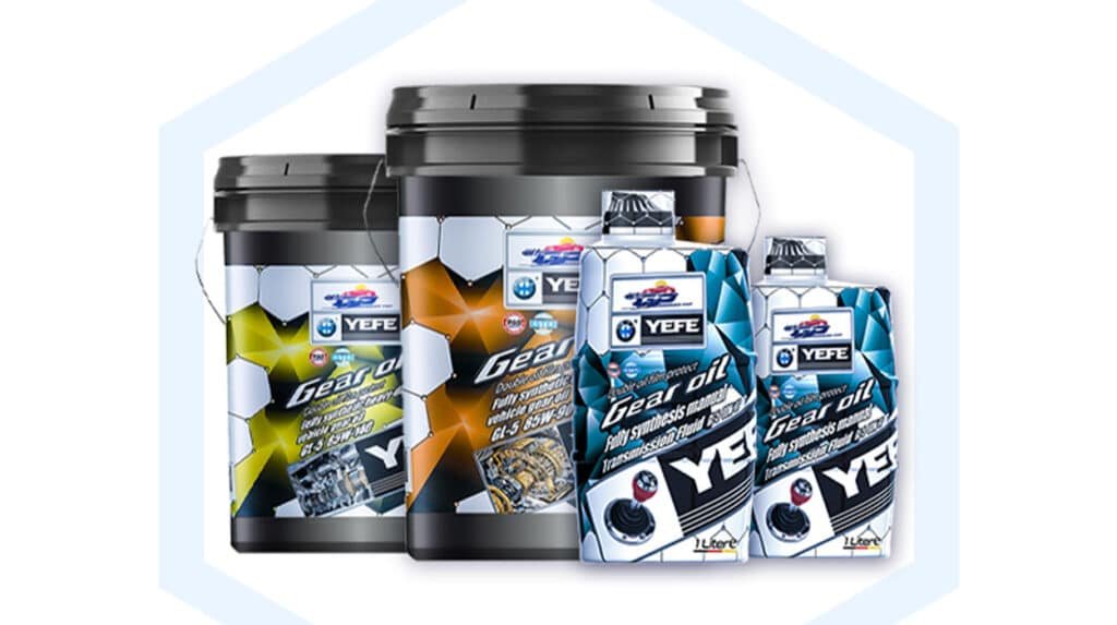 YEFE gear oil product range featuring black drums and bottles in GL-4 GL-5 specifications with hexagonal graphics gear icons orange yellow white color schemes on rugged background for manual transmissions hypoid differentials heavy duty trucks and industrial gearboxes