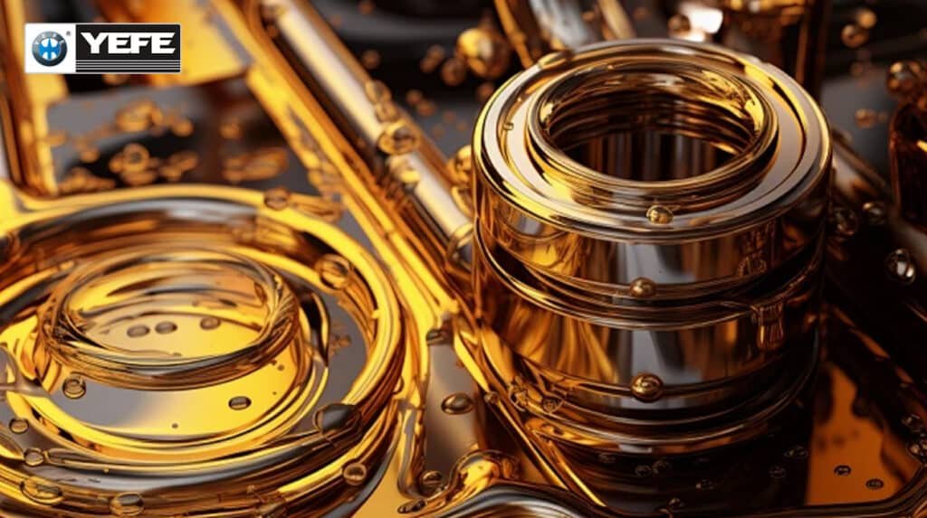 3D rendered metallic engine components coated in flowing golden YEFE Group IV PAO polyalphaolefin base oil showcasing exceptional high viscosity index low volatility and oxidation resistance of true synthetics for extreme temperature performance and long drain intervals