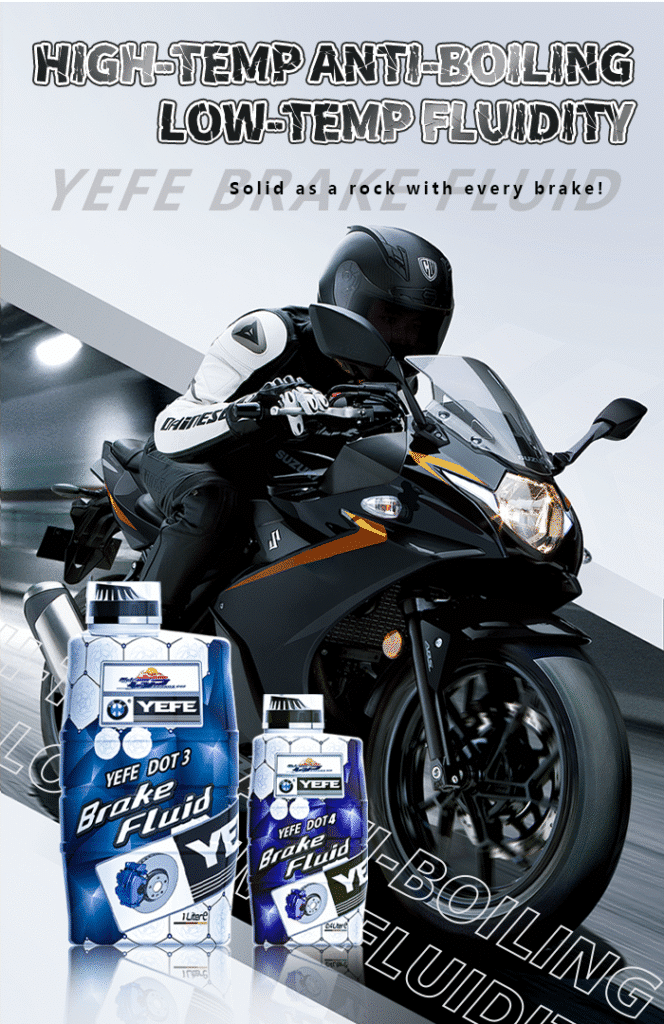 Motorcycle rider on black sport bike at night with YEFE DOT 3, DOT 4 and high/low-temp anti-boiling brake fluid bottles, highlighting superior boiling resistance and performance in DOT brake fluid guide for safe braking under extreme conditions.