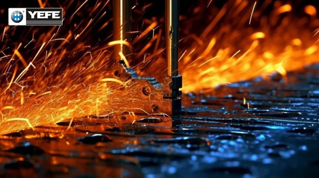 Industrial sparks flying from welding rods onto metal surface with blue coolant, illustrating the extreme heat resistance of YEFE high-temperature grease that prevents thickener breakdown and oil separation in steel mills and high-heat environments.