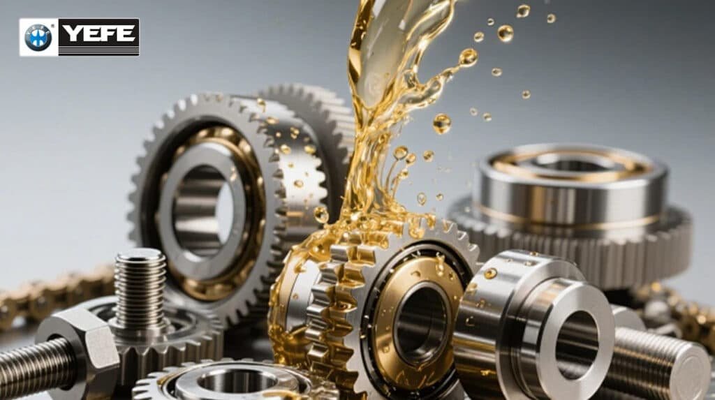 Golden YEFE gear oil pouring over heavy-duty truck gears, bearings and chains, illustrating superior lubrication, extreme pressure protection and film strength for hypoid gears in commercial heavy-duty applications.