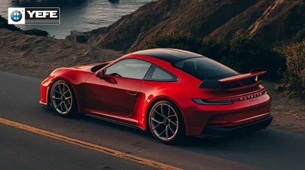 Red Porsche 911 GT3 RS sports car parked on coastal cliff road with ocean view rocks and sunset lighting featuring YEFE branding representing automotive gear oil for high performance variable load shock applications in sports car differentials and transmissions contrasting continuous industrial duty