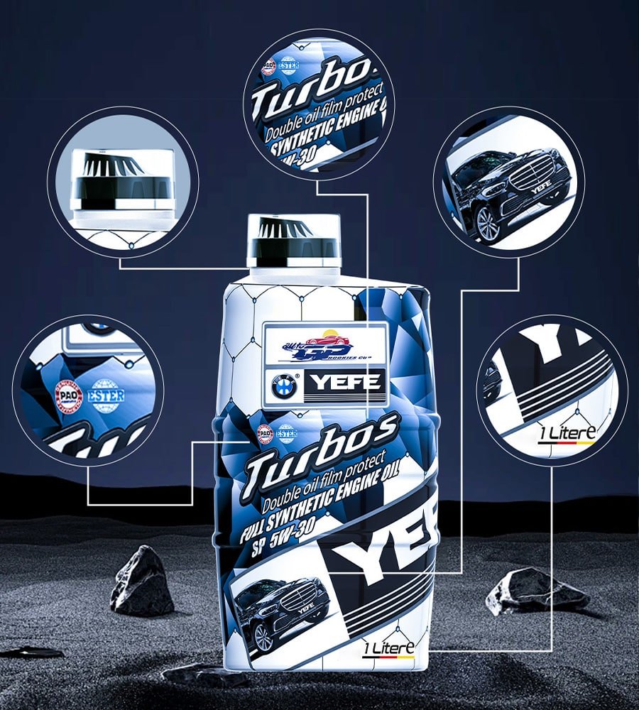 Product infographic featuring YEFE Turbo Protect double film 5W-30 full synthetic engine oil bottle with BMW approval, turbo protection technology, and 1L packaging surrounded by performance icons, illustrating superior storage stability for synthetic oils that resist oxidation up to 5+ years in sealed containers