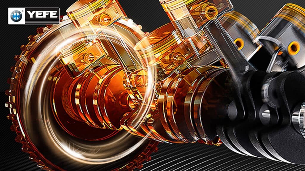 3D rendered engine internals with golden YEFE lubricant enveloping pistons connecting rods and crankshaft emphasizing superior viscosity film strength antiwear additives and oxidation stability that prevent metal contact and extend engine life during high load operations