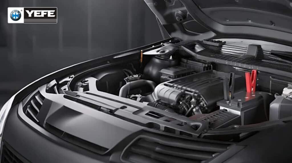 Open hood revealing sophisticated BMW engine bay with battery and components under YEFE branding symbolizing advanced high-mileage formulation delivering seal conditioning reduced leaks superior detergency and oxidation resistance for sustained performance in older premium engines