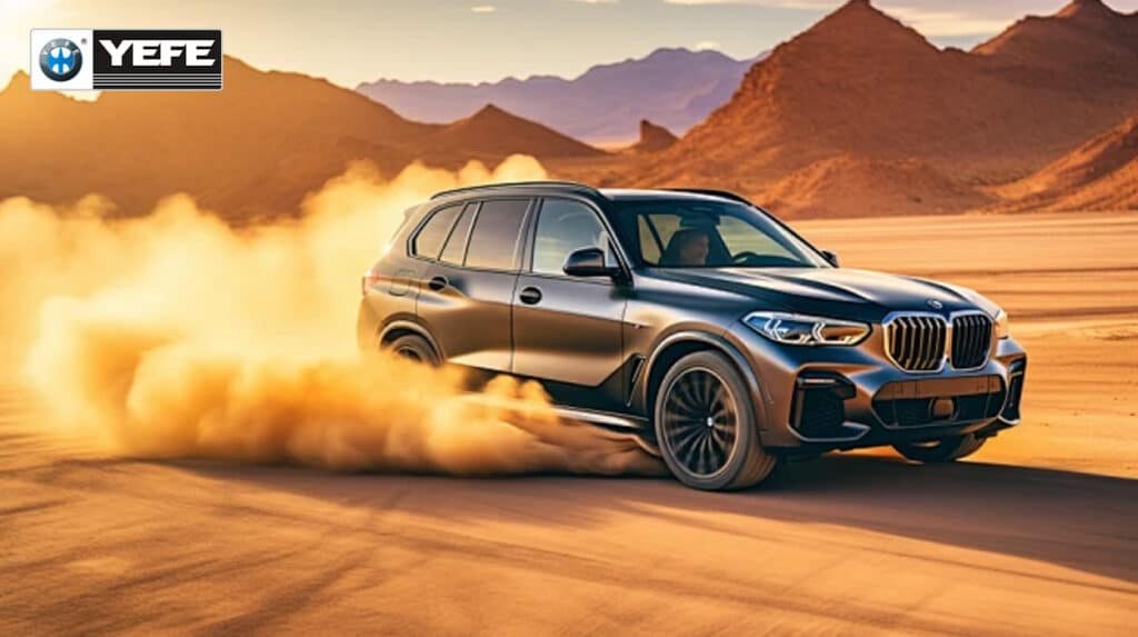 BMW SUV driving through desert sand dunes with YEFE branding illustrating superior high temperature performance viscosity stability and oxidation resistance delivering reliable engine protection under extreme heat load in hot climate countries