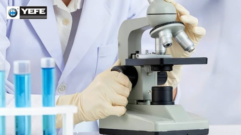 Lab technician using microscope examining blue test samples of YEFE engine oil with lab equipment in background representing microscopic analysis for wear particles oxidation products and additive performance ensuring viscosity stability and superior protection in quality testing protocols