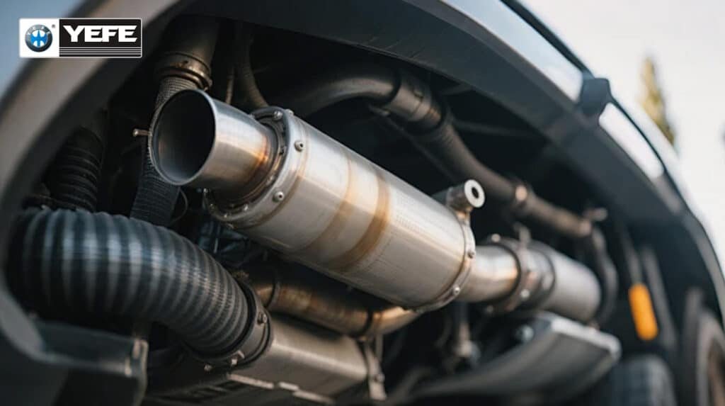 Closeup of stainless steel catalytic converter and exhaust piping under vehicle with YEFE branding highlighting low-SAPS formulation preventing ash phosphorus sulfur buildup ensuring longevity of emissions systems in compliance with API SP CK-4 standards for modern turbocharged gasoline and diesel engines
