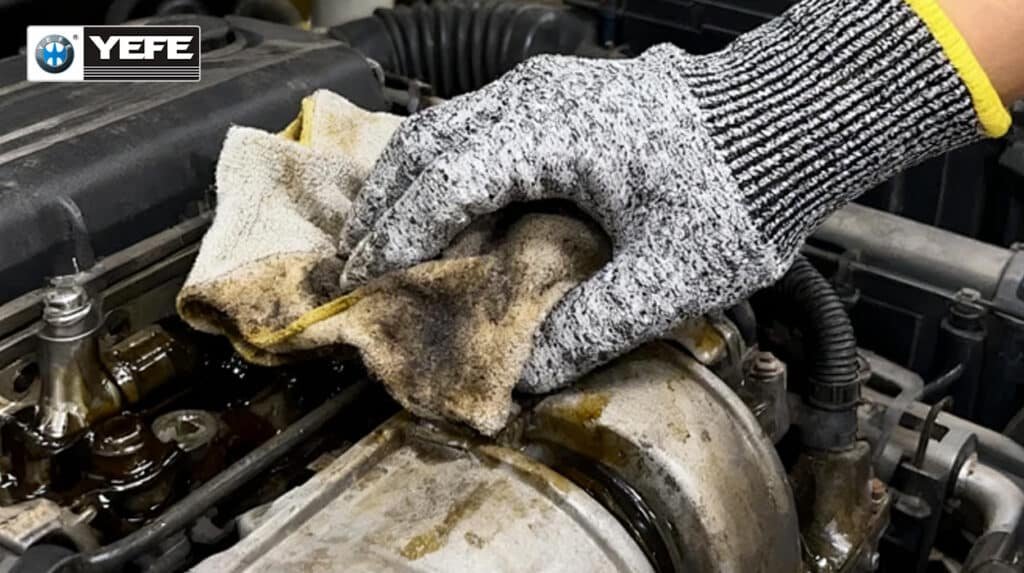 Mechanic in protective gloves wiping thick oily sludge from dirty engine bay during oil change illustrating proper maintenance to prevent premature failure from oxidation contamination and shear loss using YEFE high performance formulation for superior detergency and deposit control