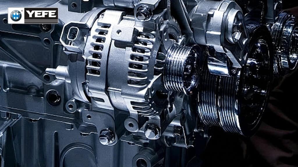 Detailed view of modern engine front accessory drive and alternator showing how YEFE engine oil formulation maintains film strength reduces friction and prevents long term wear on bearings pulleys and rotating metal surfaces