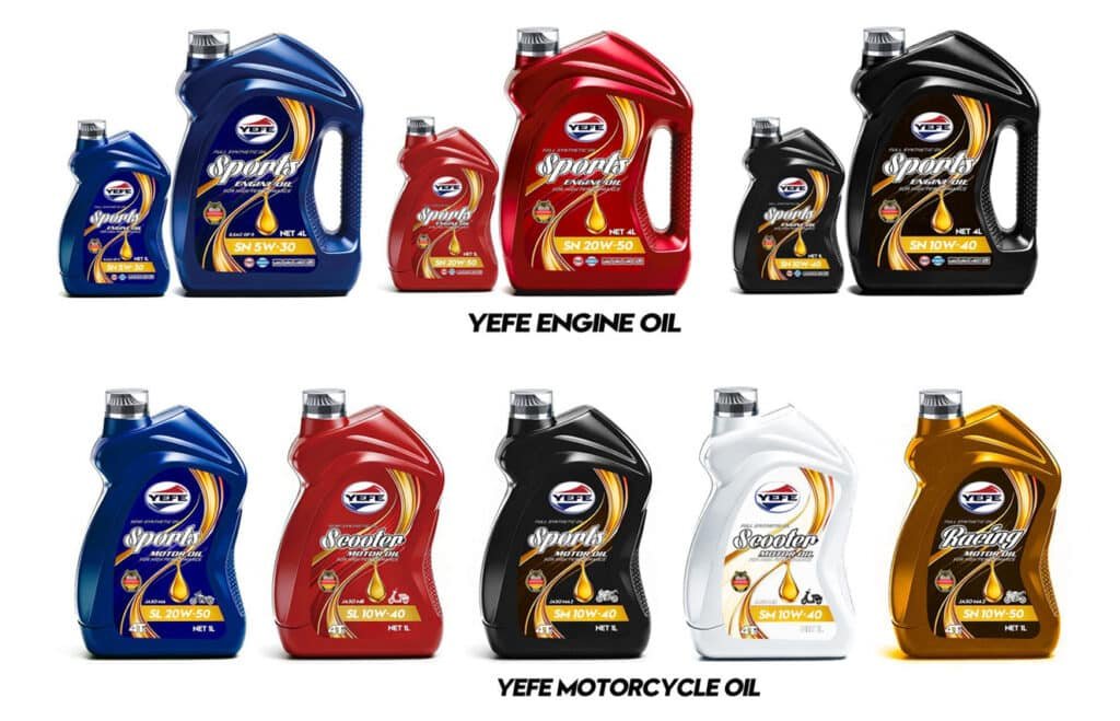 YEFE Sparks engine oil bottles lineup including synthetic mineral grades comparing 5W-30 for cold flow fuel economy and 10W-40 for high temperature protection helping select right viscosity for climate and engine use